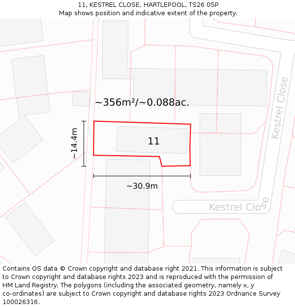 11, KESTREL CLOSE, HARTLEPOOL, TS26 0SP: Plot and title map
