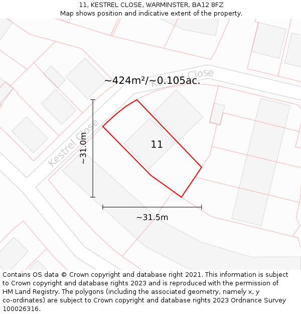 11, KESTREL CLOSE, WARMINSTER, BA12 8FZ: Plot and title map