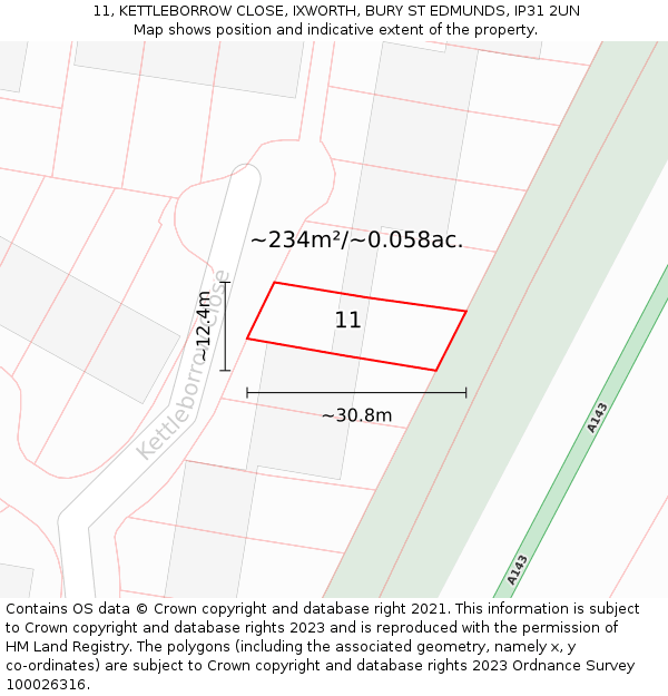 11, KETTLEBORROW CLOSE, IXWORTH, BURY ST EDMUNDS, IP31 2UN: Plot and title map