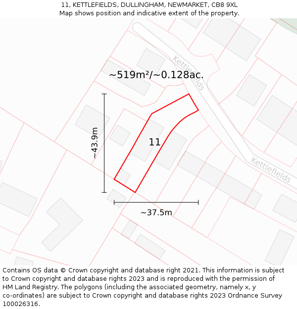 11, KETTLEFIELDS, DULLINGHAM, NEWMARKET, CB8 9XL: Plot and title map