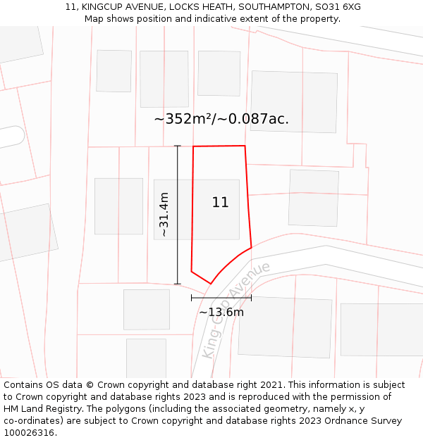 11, KINGCUP AVENUE, LOCKS HEATH, SOUTHAMPTON, SO31 6XG: Plot and title map