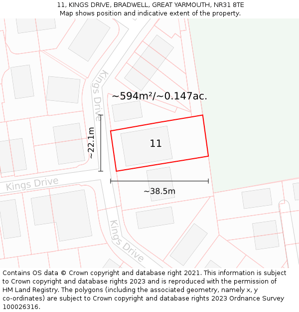 11, KINGS DRIVE, BRADWELL, GREAT YARMOUTH, NR31 8TE: Plot and title map