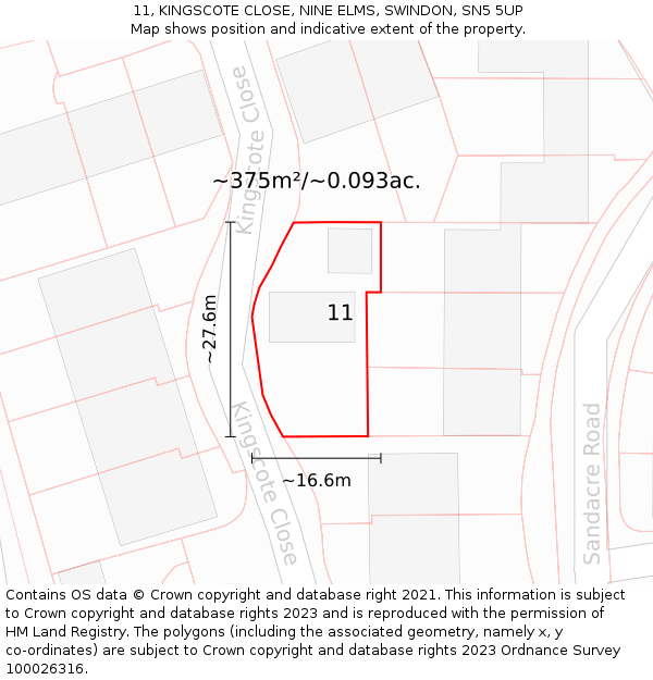 11, KINGSCOTE CLOSE, NINE ELMS, SWINDON, SN5 5UP: Plot and title map