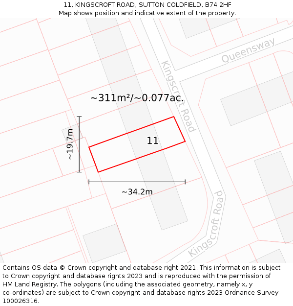 11, KINGSCROFT ROAD, SUTTON COLDFIELD, B74 2HF: Plot and title map