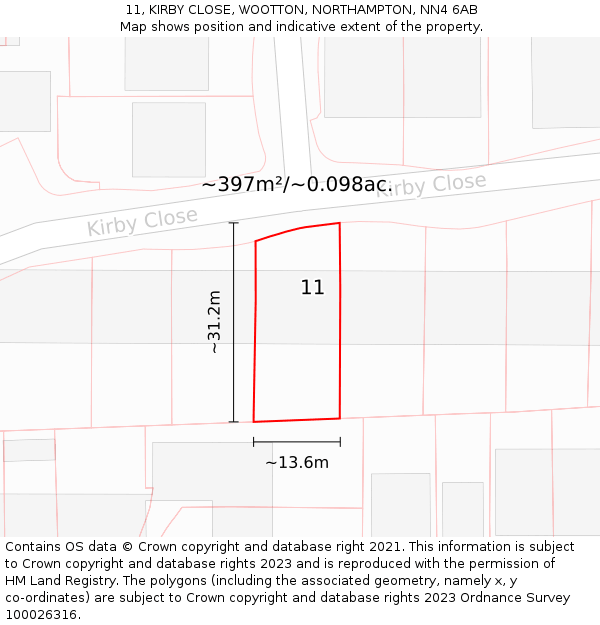 11, KIRBY CLOSE, WOOTTON, NORTHAMPTON, NN4 6AB: Plot and title map