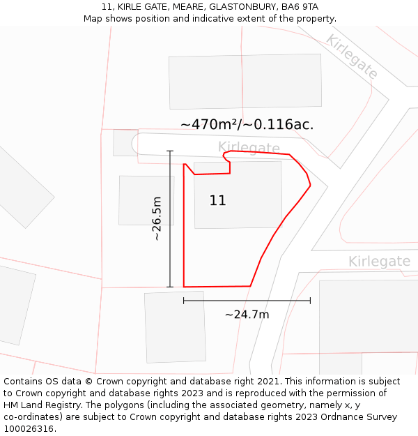 11, KIRLE GATE, MEARE, GLASTONBURY, BA6 9TA: Plot and title map