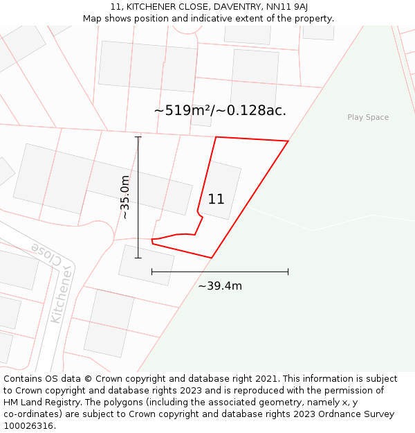 11, KITCHENER CLOSE, DAVENTRY, NN11 9AJ: Plot and title map