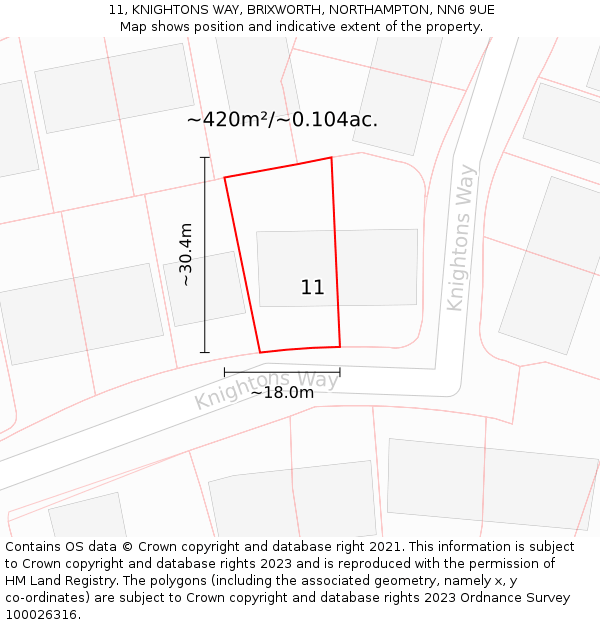 11, KNIGHTONS WAY, BRIXWORTH, NORTHAMPTON, NN6 9UE: Plot and title map
