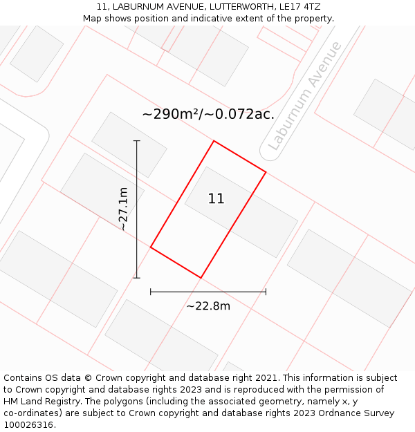 11, LABURNUM AVENUE, LUTTERWORTH, LE17 4TZ: Plot and title map