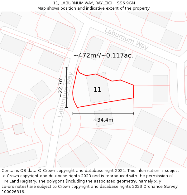 11, LABURNUM WAY, RAYLEIGH, SS6 9GN: Plot and title map