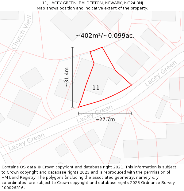 11, LACEY GREEN, BALDERTON, NEWARK, NG24 3NJ: Plot and title map