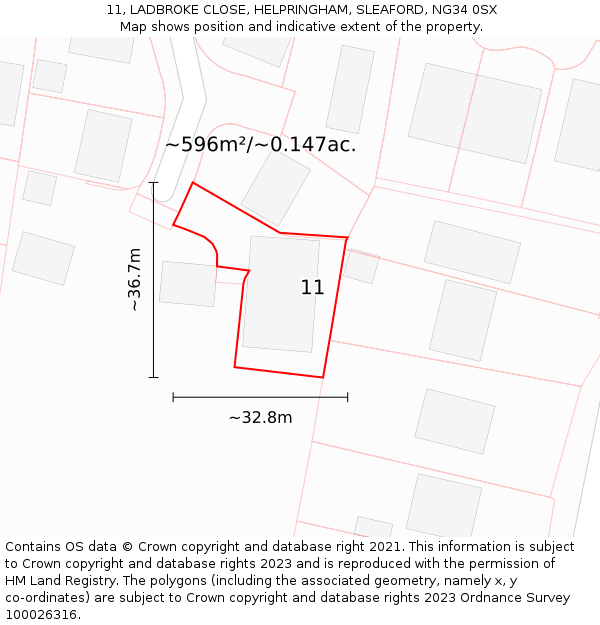 11, LADBROKE CLOSE, HELPRINGHAM, SLEAFORD, NG34 0SX: Plot and title map