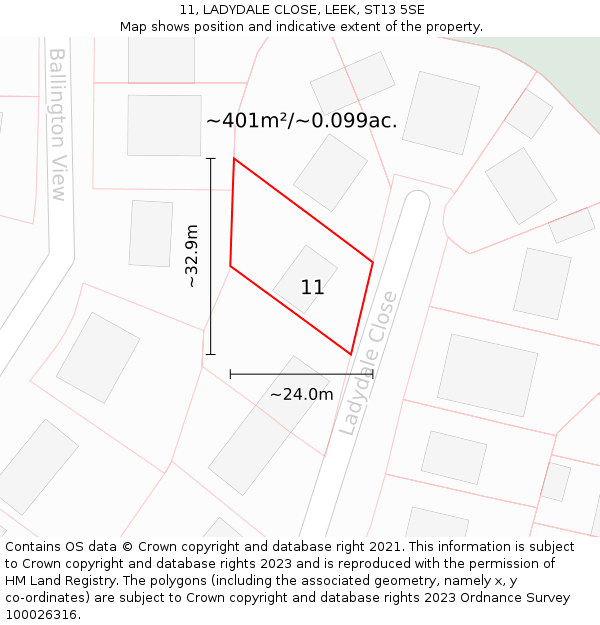 11, LADYDALE CLOSE, LEEK, ST13 5SE: Plot and title map