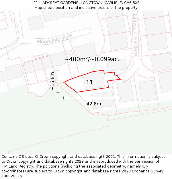 11, LADYSEAT GARDENS, LONGTOWN, CARLISLE, CA6 5XF: Plot and title map