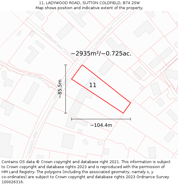 11, LADYWOOD ROAD, SUTTON COLDFIELD, B74 2SW: Plot and title map