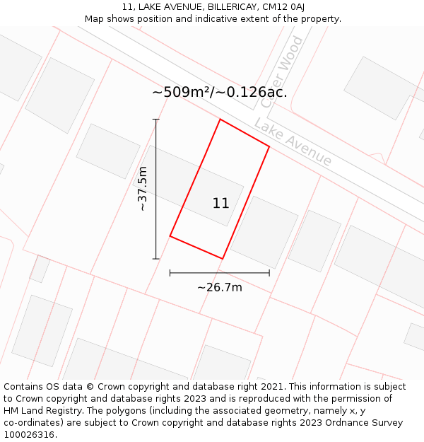 11, LAKE AVENUE, BILLERICAY, CM12 0AJ: Plot and title map