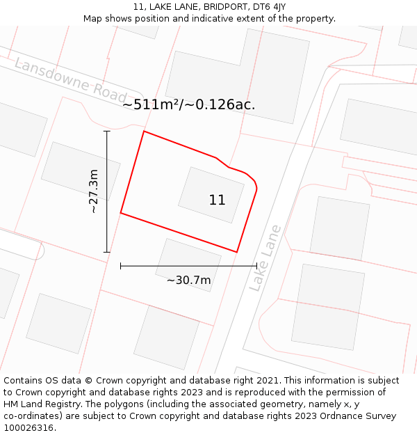 11, LAKE LANE, BRIDPORT, DT6 4JY: Plot and title map