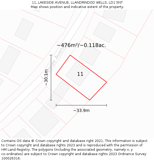 11, LAKESIDE AVENUE, LLANDRINDOD WELLS, LD1 5NT: Plot and title map