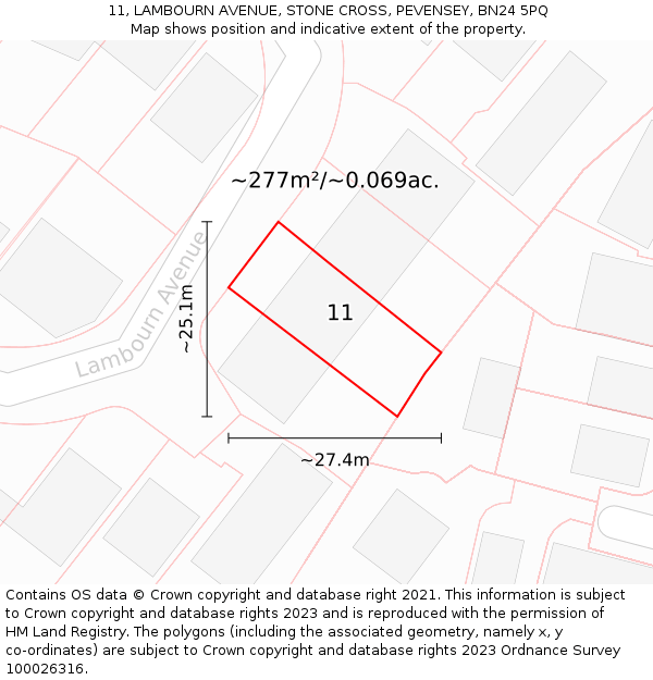 11, LAMBOURN AVENUE, STONE CROSS, PEVENSEY, BN24 5PQ: Plot and title map