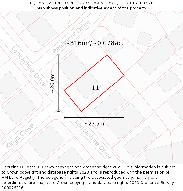 11, LANCASHIRE DRIVE, BUCKSHAW VILLAGE, CHORLEY, PR7 7BJ: Plot and title map