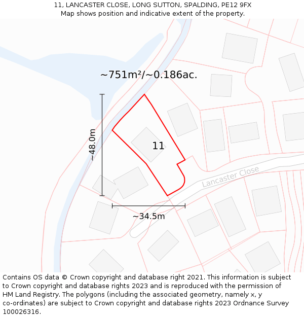11, LANCASTER CLOSE, LONG SUTTON, SPALDING, PE12 9FX: Plot and title map