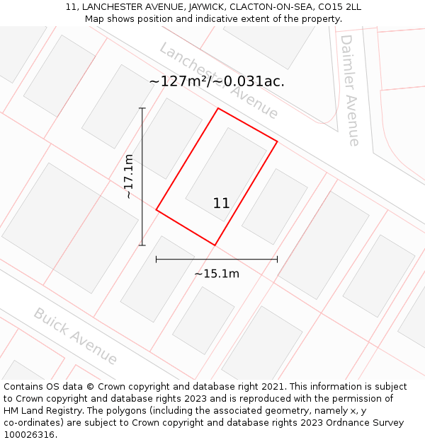 11, LANCHESTER AVENUE, JAYWICK, CLACTON-ON-SEA, CO15 2LL: Plot and title map