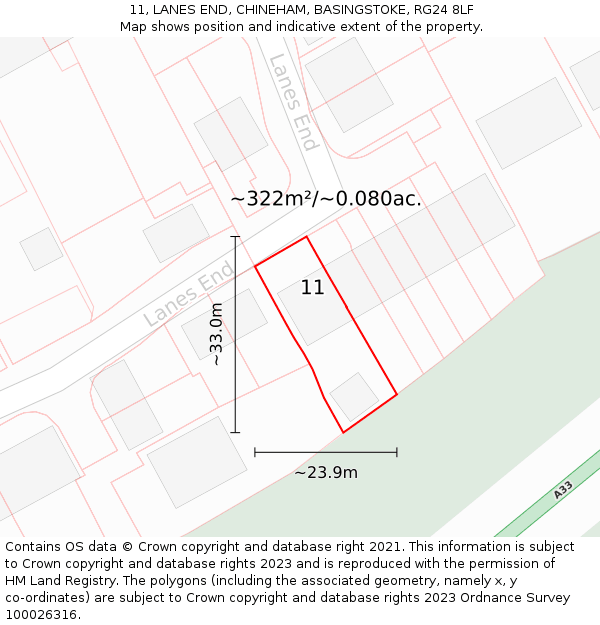 11, LANES END, CHINEHAM, BASINGSTOKE, RG24 8LF: Plot and title map