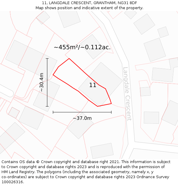 11, LANGDALE CRESCENT, GRANTHAM, NG31 8DF: Plot and title map