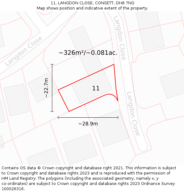 11, LANGDON CLOSE, CONSETT, DH8 7NG: Plot and title map