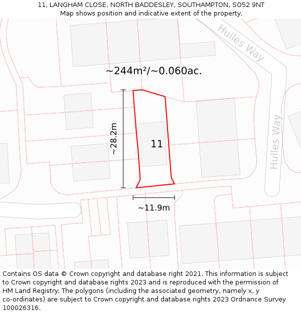 11, LANGHAM CLOSE, NORTH BADDESLEY, SOUTHAMPTON, SO52 9NT: Plot and title map