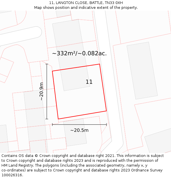 11, LANGTON CLOSE, BATTLE, TN33 0XH: Plot and title map