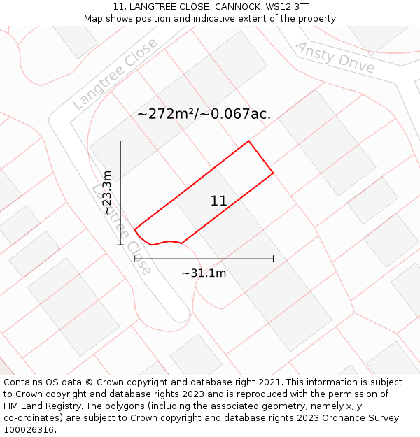 11, LANGTREE CLOSE, CANNOCK, WS12 3TT: Plot and title map