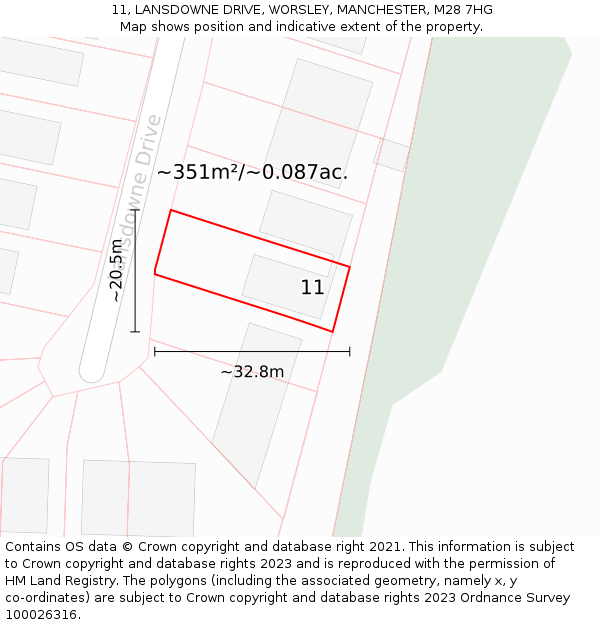 11, LANSDOWNE DRIVE, WORSLEY, MANCHESTER, M28 7HG: Plot and title map