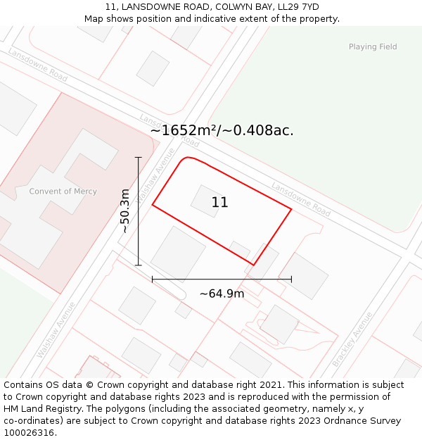 11, LANSDOWNE ROAD, COLWYN BAY, LL29 7YD: Plot and title map