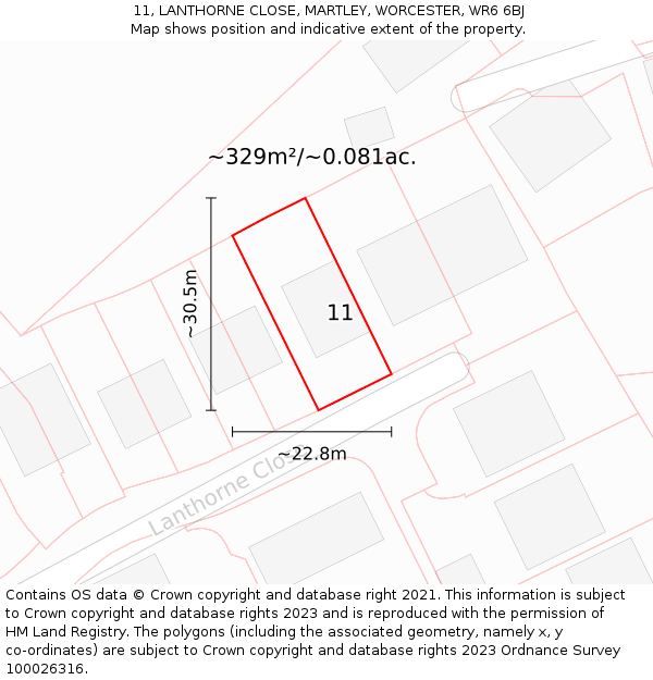 11, LANTHORNE CLOSE, MARTLEY, WORCESTER, WR6 6BJ: Plot and title map