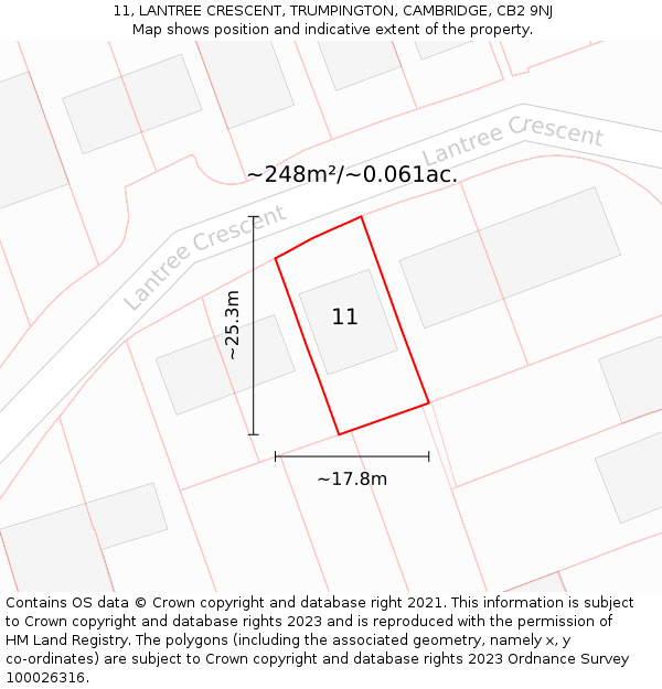 11, LANTREE CRESCENT, TRUMPINGTON, CAMBRIDGE, CB2 9NJ: Plot and title map