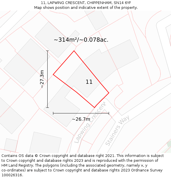 11, LAPWING CRESCENT, CHIPPENHAM, SN14 6YF: Plot and title map