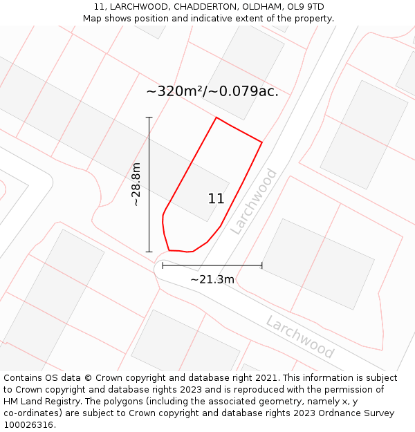 11, LARCHWOOD, CHADDERTON, OLDHAM, OL9 9TD: Plot and title map