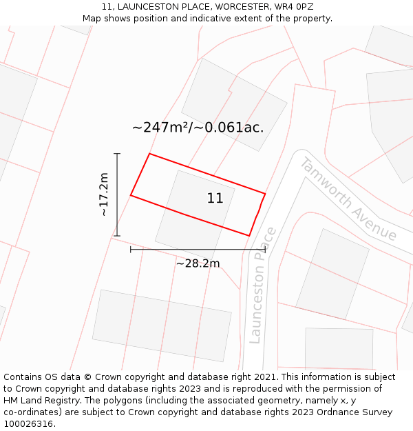 11, LAUNCESTON PLACE, WORCESTER, WR4 0PZ: Plot and title map