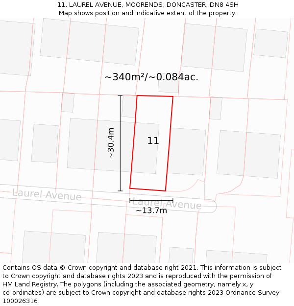 11, LAUREL AVENUE, MOORENDS, DONCASTER, DN8 4SH: Plot and title map