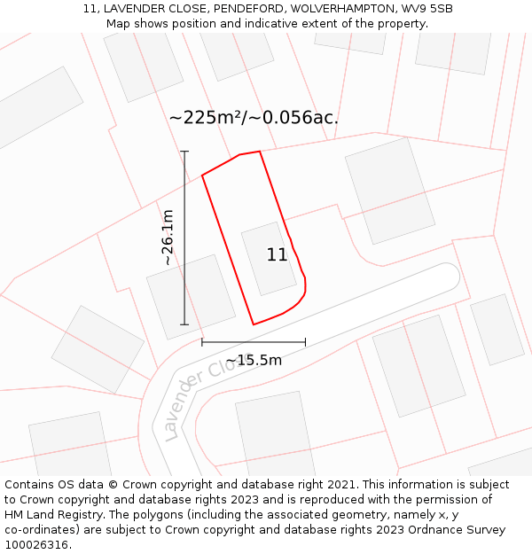 11, LAVENDER CLOSE, PENDEFORD, WOLVERHAMPTON, WV9 5SB: Plot and title map