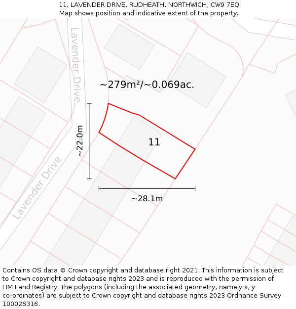 11, LAVENDER DRIVE, RUDHEATH, NORTHWICH, CW9 7EQ: Plot and title map
