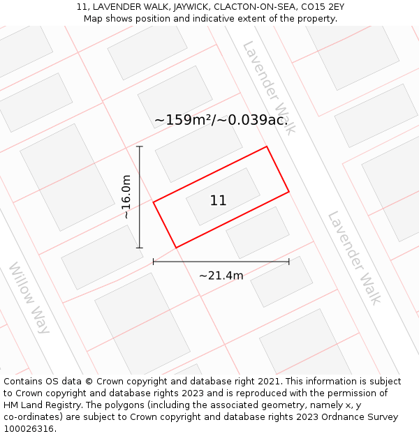 11, LAVENDER WALK, JAYWICK, CLACTON-ON-SEA, CO15 2EY: Plot and title map