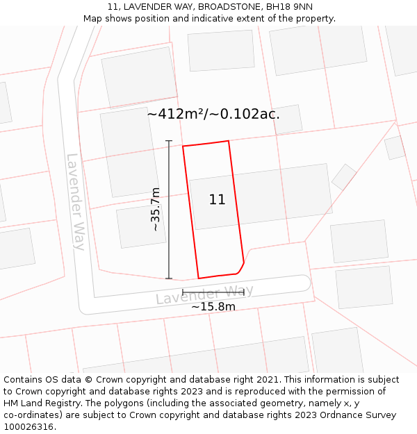 11, LAVENDER WAY, BROADSTONE, BH18 9NN: Plot and title map