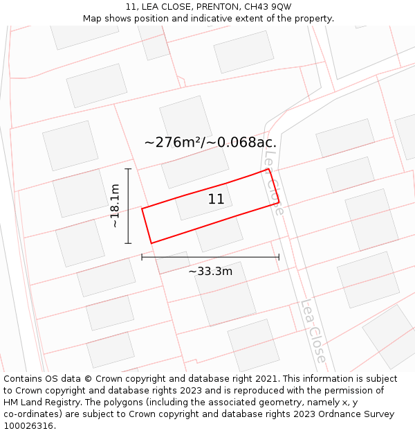 11, LEA CLOSE, PRENTON, CH43 9QW: Plot and title map