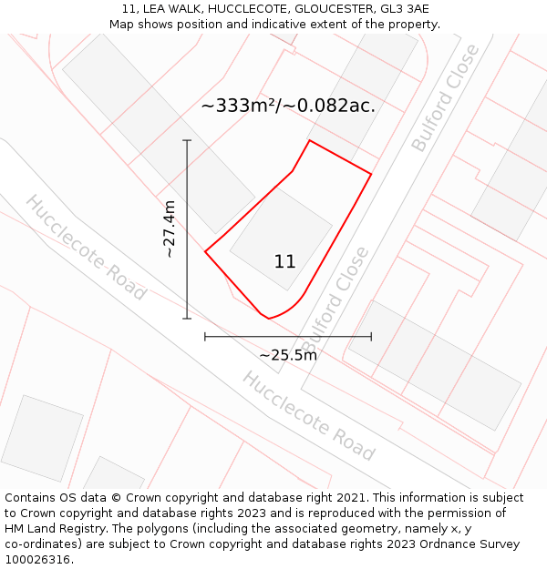 11, LEA WALK, HUCCLECOTE, GLOUCESTER, GL3 3AE: Plot and title map