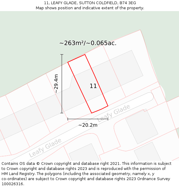 11, LEAFY GLADE, SUTTON COLDFIELD, B74 3EG: Plot and title map