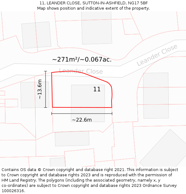 11, LEANDER CLOSE, SUTTON-IN-ASHFIELD, NG17 5BF: Plot and title map
