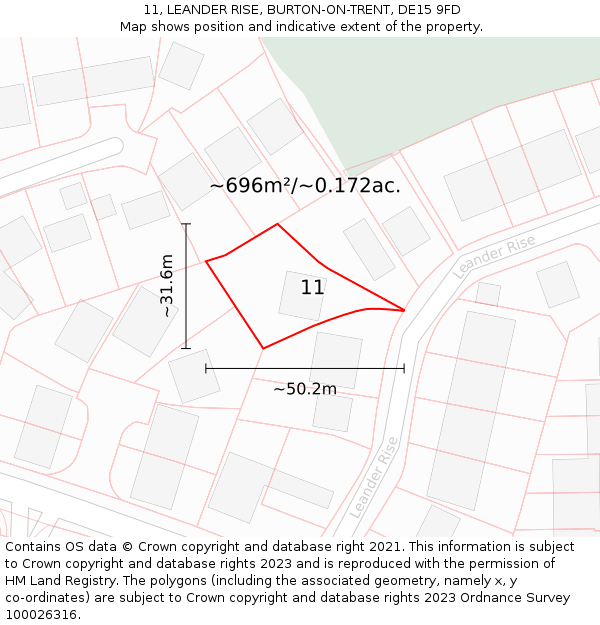 11, LEANDER RISE, BURTON-ON-TRENT, DE15 9FD: Plot and title map