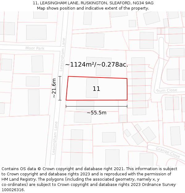 11, LEASINGHAM LANE, RUSKINGTON, SLEAFORD, NG34 9AG: Plot and title map